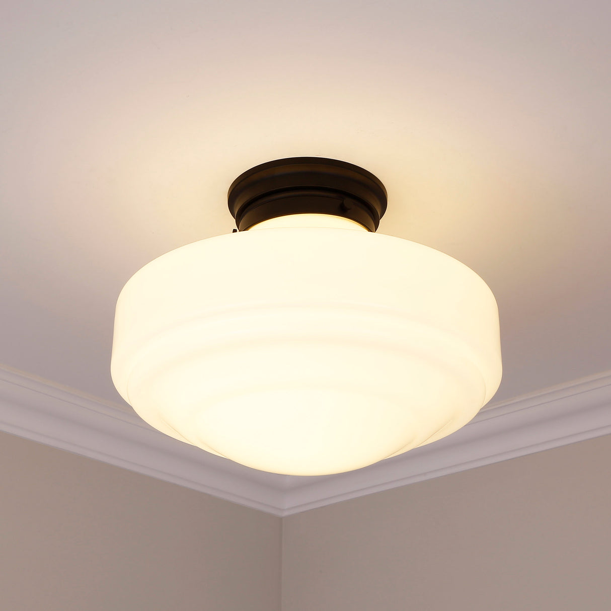Ingalls Large Semi-Flush in Matte Black with Vintage Milk Glass Shade