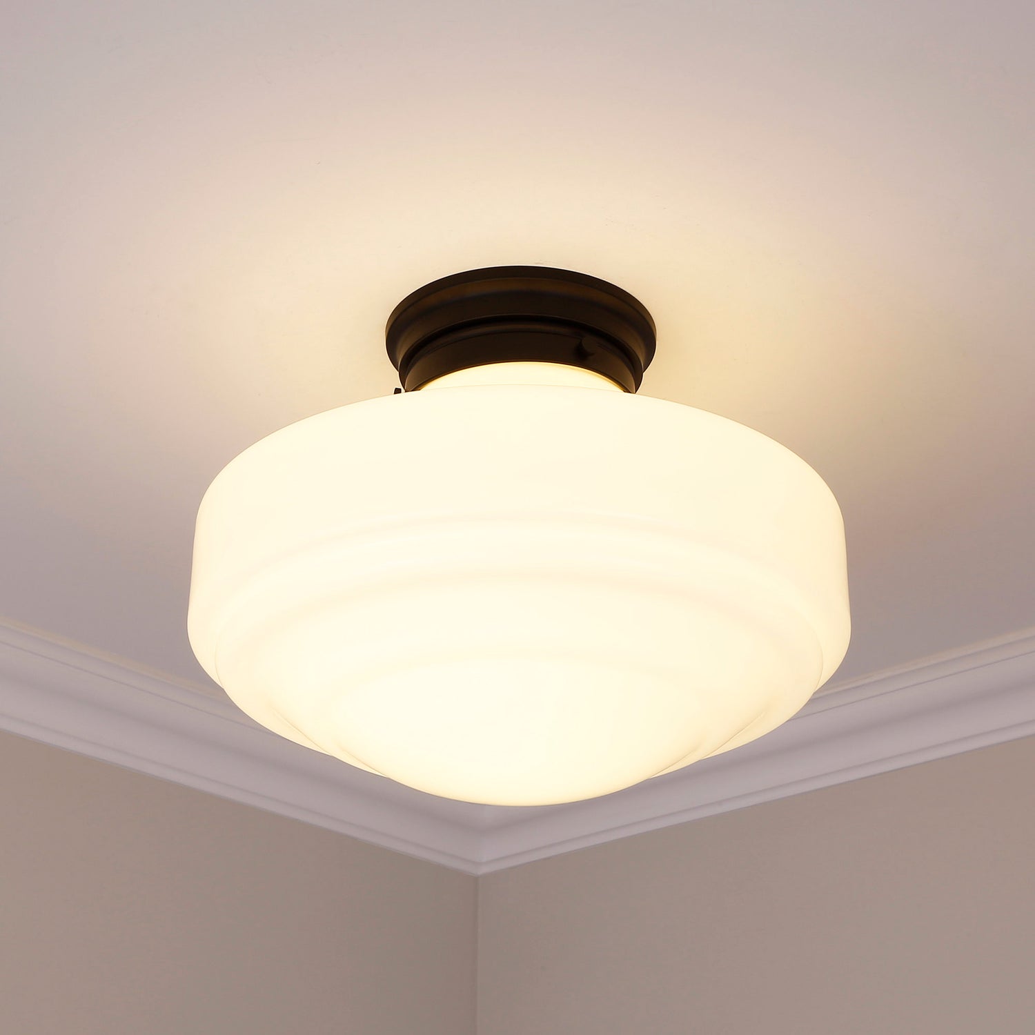 Ingalls Large Semi-Flush in Matte Black with Vintage Milk Glass Shade