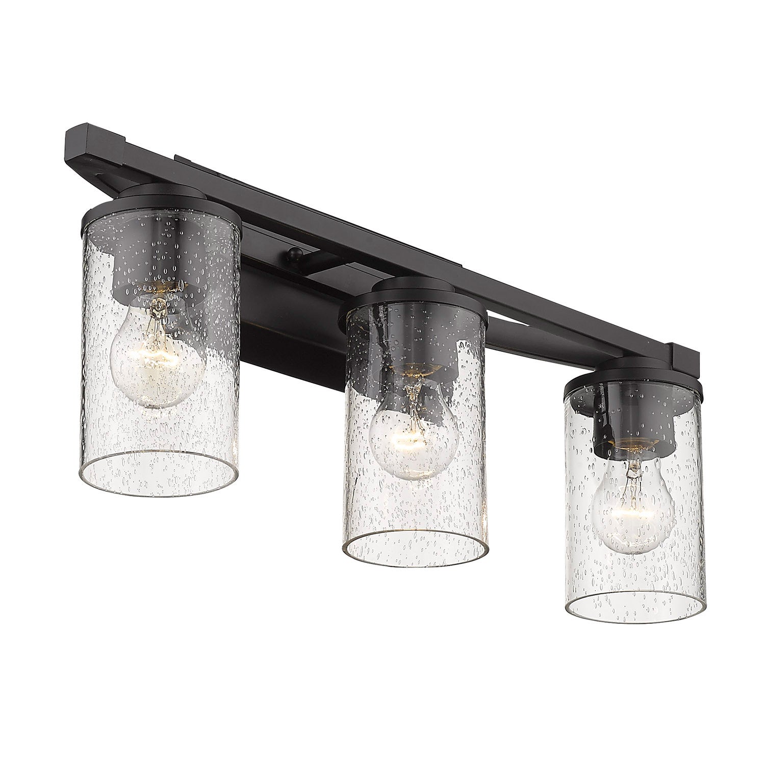 Mercer 3 Light Bath Vanity in Matte Black with Matte Black accents and Seeded Glass