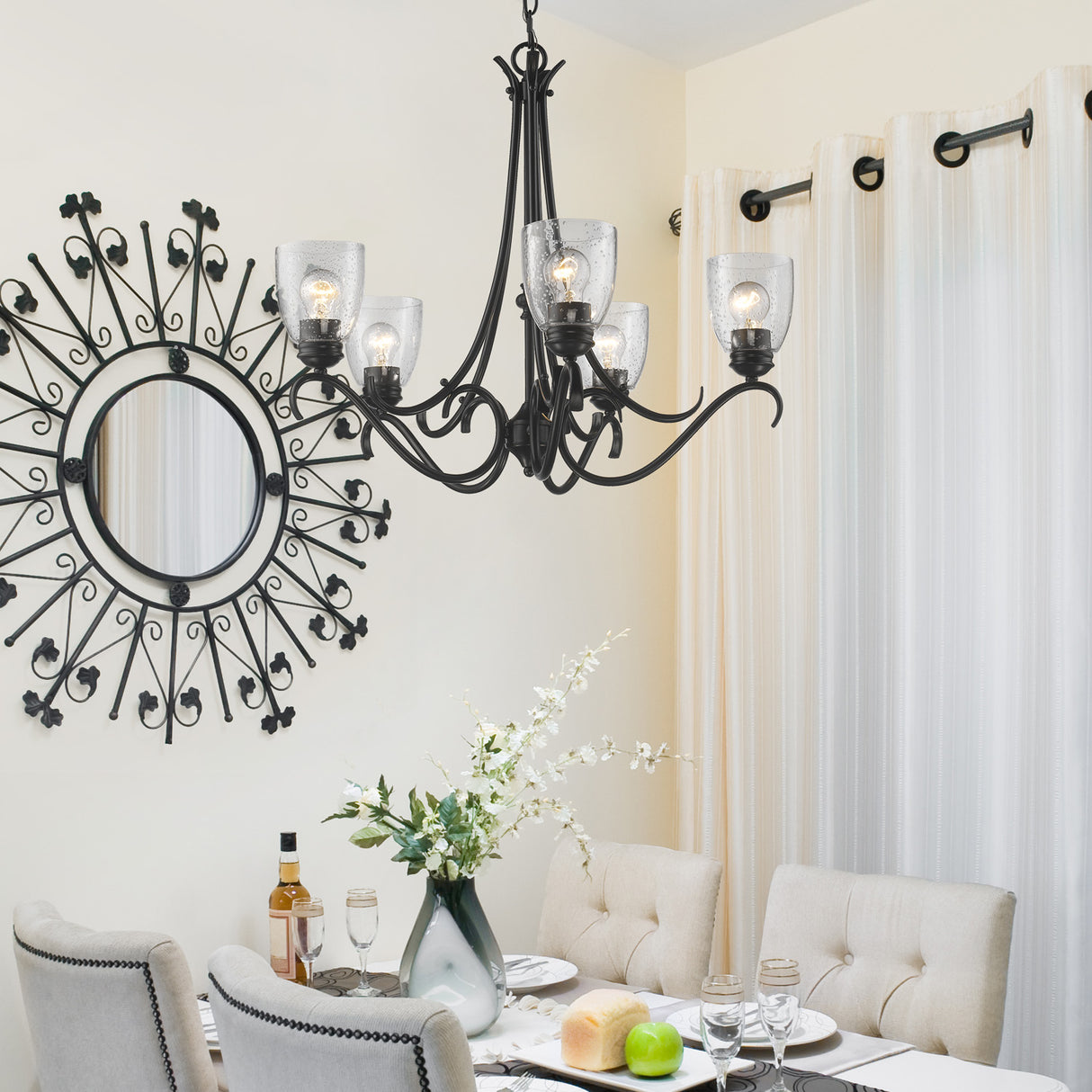 Parrish 5 Light Chandelier in Matte Black with Seeded Glass