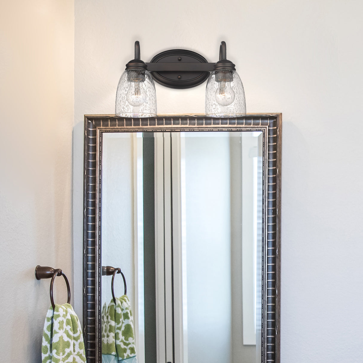 Parrish RBZ 2 Light Bath Vanity in Rubbed Bronze with Seeded Glass Shade