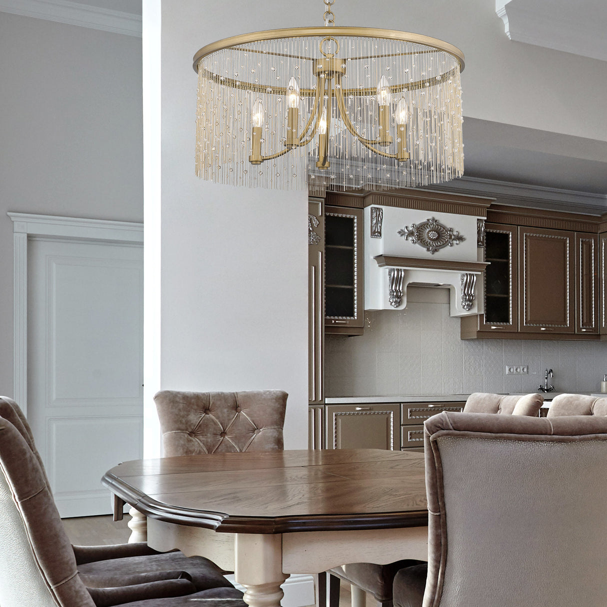Marilyn CRY 5 Light Chandelier in Peruvian Gold with Crystal Strands