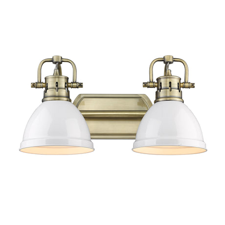 Duncan 2 Light Bath Vanity in Aged Brass with Matte White Shades