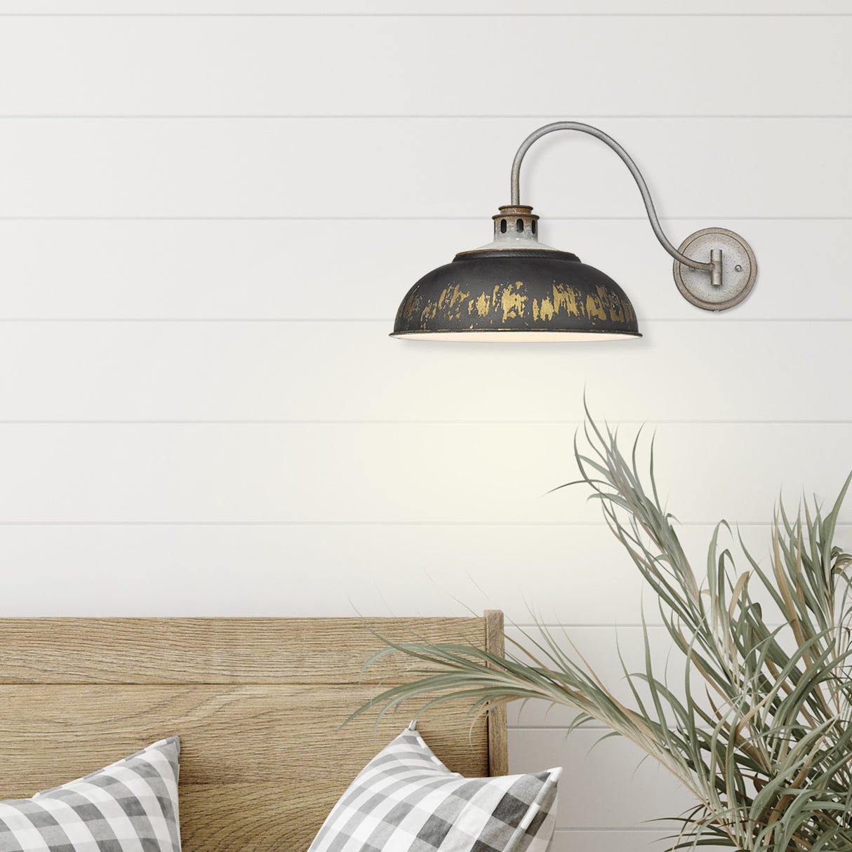 Kinsley 1 Light Articulating Wall Sconce in Aged Galvanized Steel with Antique Black Iron Shade