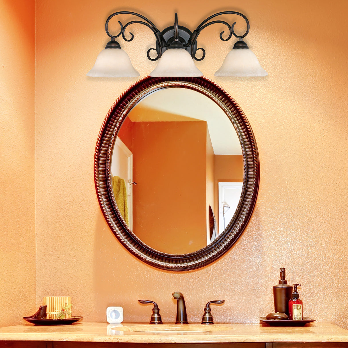 Homestead 3 Light Bath Vanity in Rubbed Bronze with Tea Stone Glass