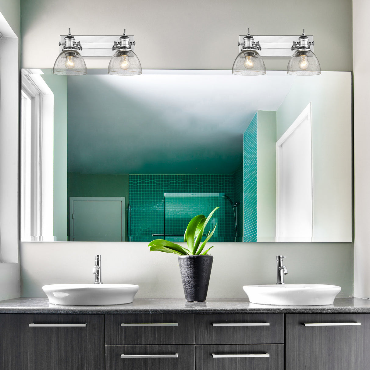 Hines 2-Light Bath Vanity in Chrome with Seeded Glass