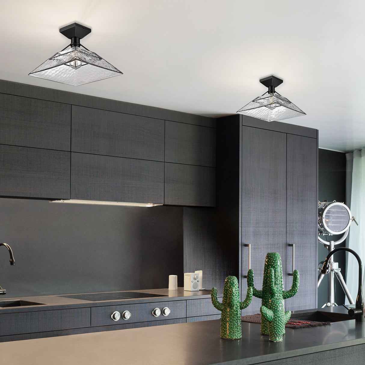 Kepler Semi-Flush in Matte Black with Water Glass Shade