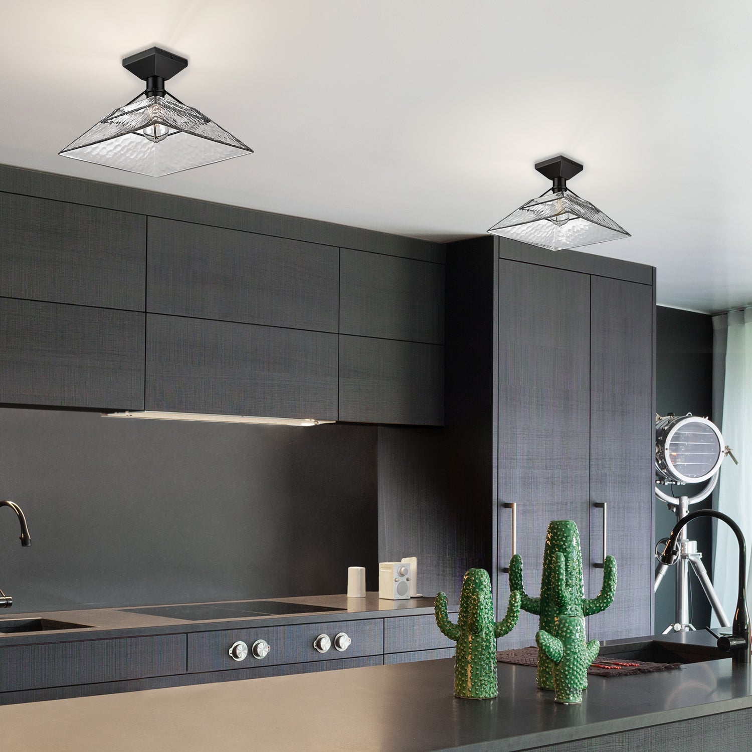 Kepler Semi-Flush in Matte Black with Water Glass Shade