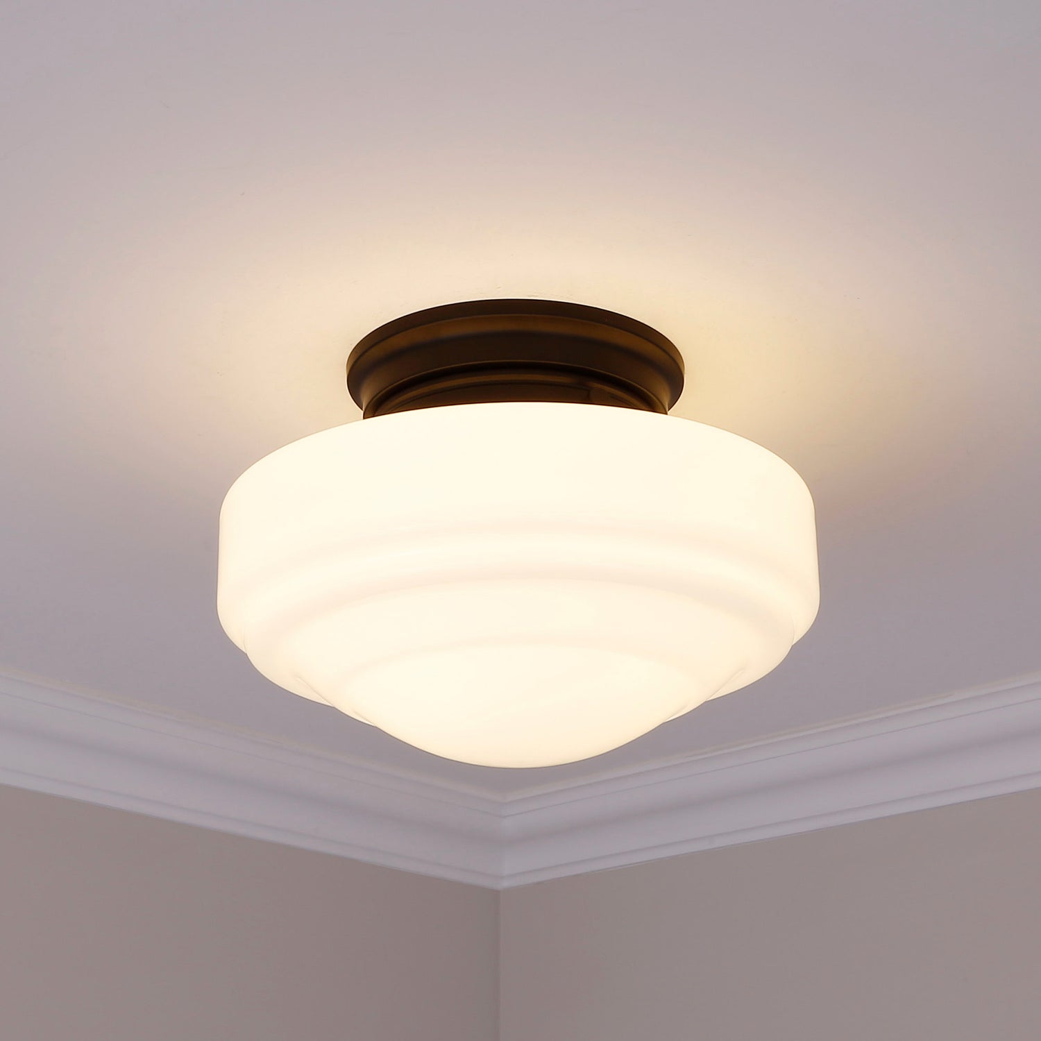 Ingalls Semi-Flush in Matte Black with Vintage Milk Glass Shade