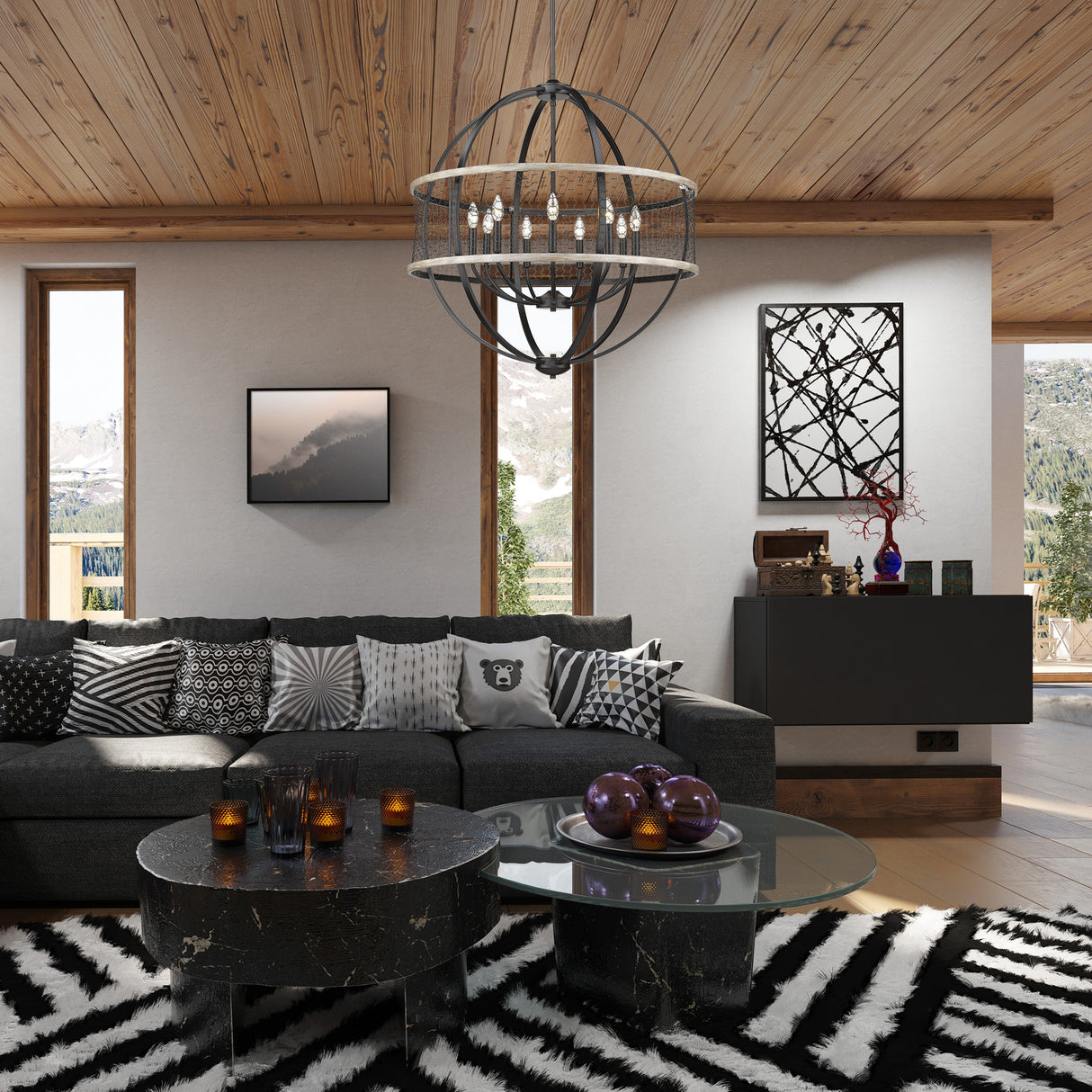 Roost 9 Light Chandelier in Matte Black with Chicken Wire Shade