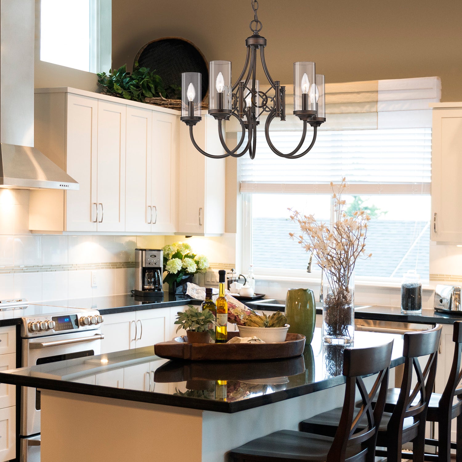 Quincy 5 Light Chandelier in Cordoban Bronze with Clear Glass Shades