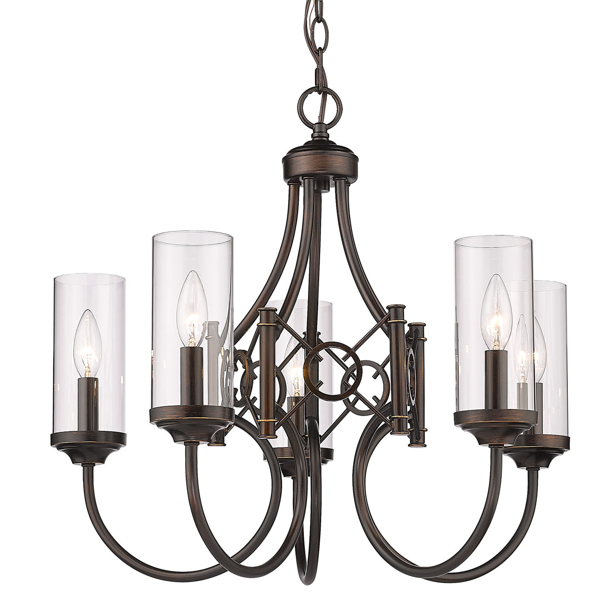 Quincy 5 Light Chandelier in Cordoban Bronze with Clear Glass Shades