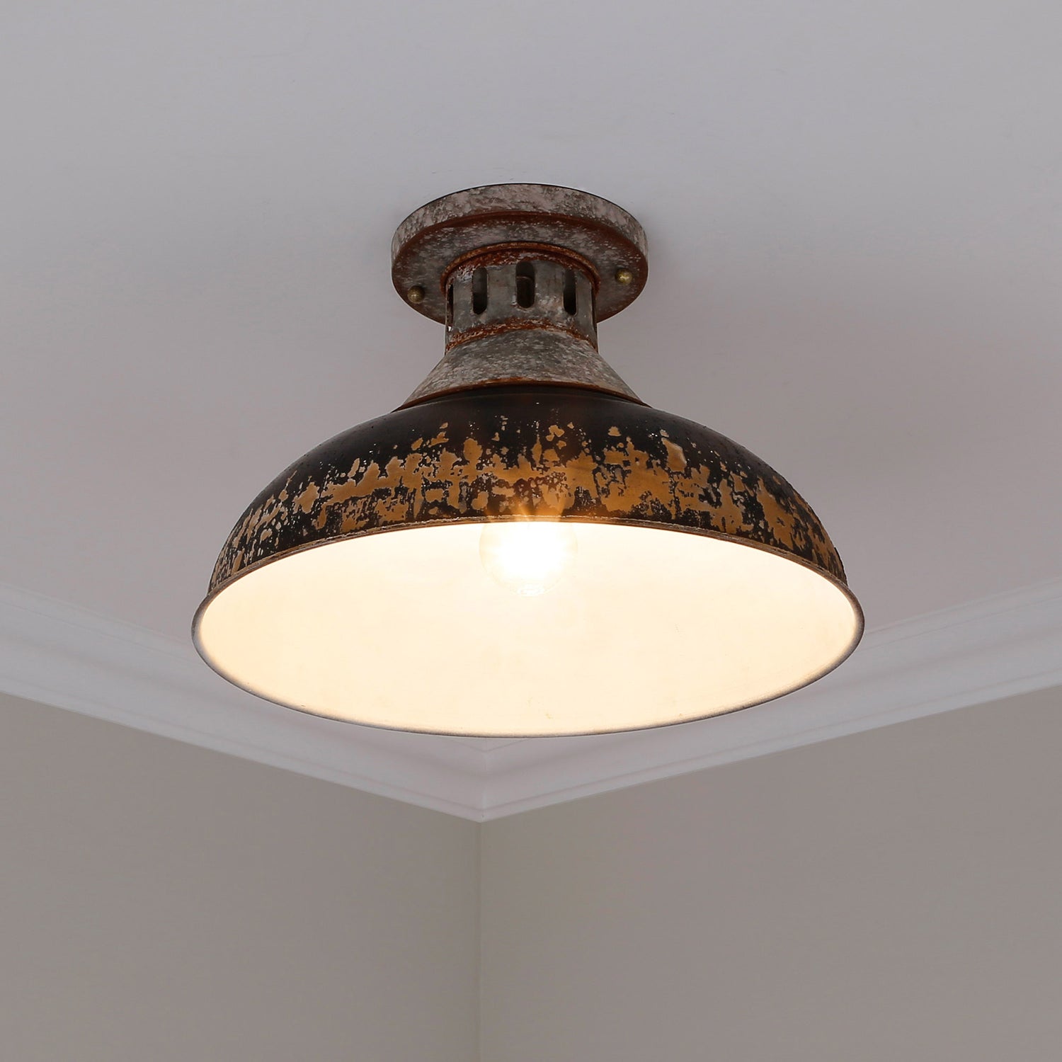 Kinsley Semi-Flush in Aged Galvanized Steel with Antique Black Iron Shade
