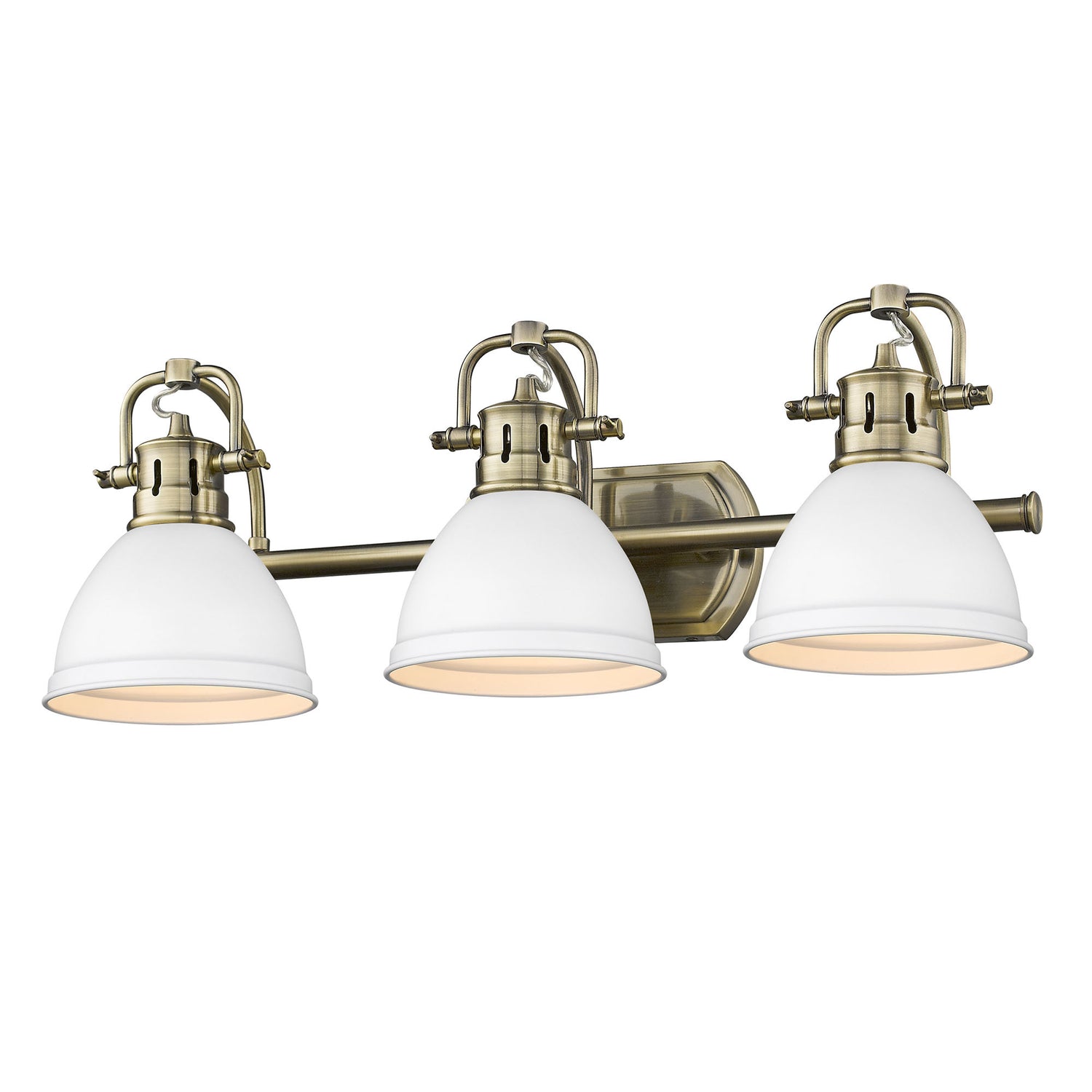 Duncan 3 Light Bath Vanity in Aged Brass with a Matte White Shade