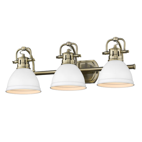 Duncan 3 Light Bath Vanity in Aged Brass with a Matte White Shade