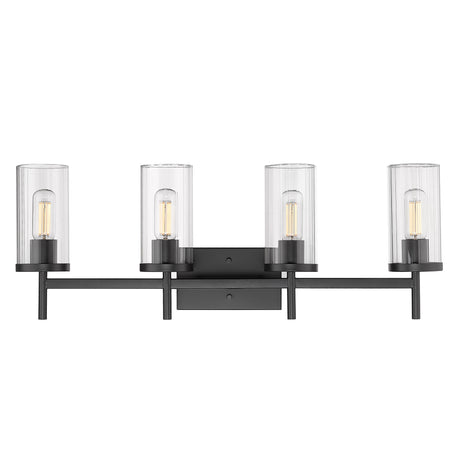 Winslett 4-Light Bath Vanity in Matte Black with Ribbed Clear Glass Shades