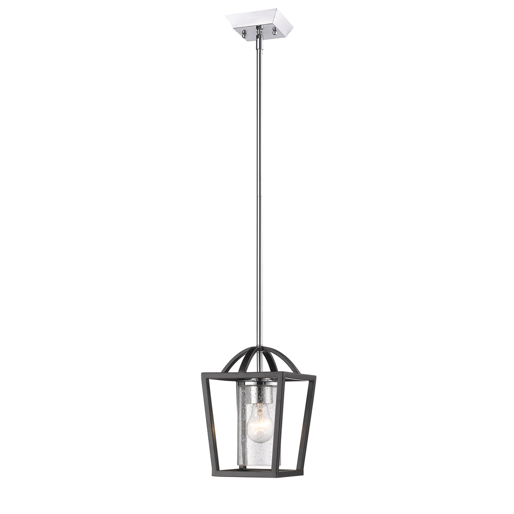 Mercer Mini Pendant in Matte Black with Chrome accents and Seeded Glass