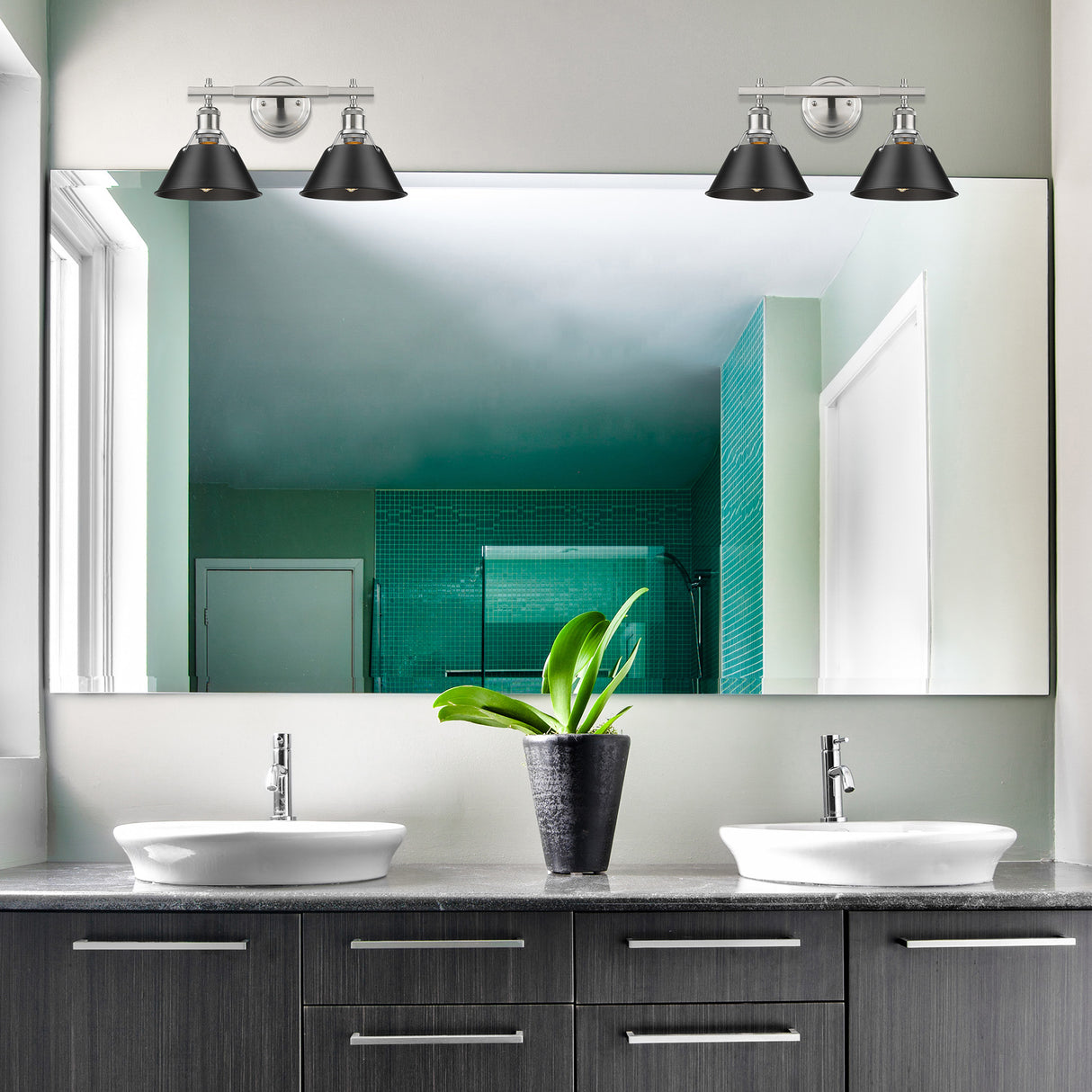 Orwell PW 2 Light Bath Vanity in Pewter with Matte Black Shade