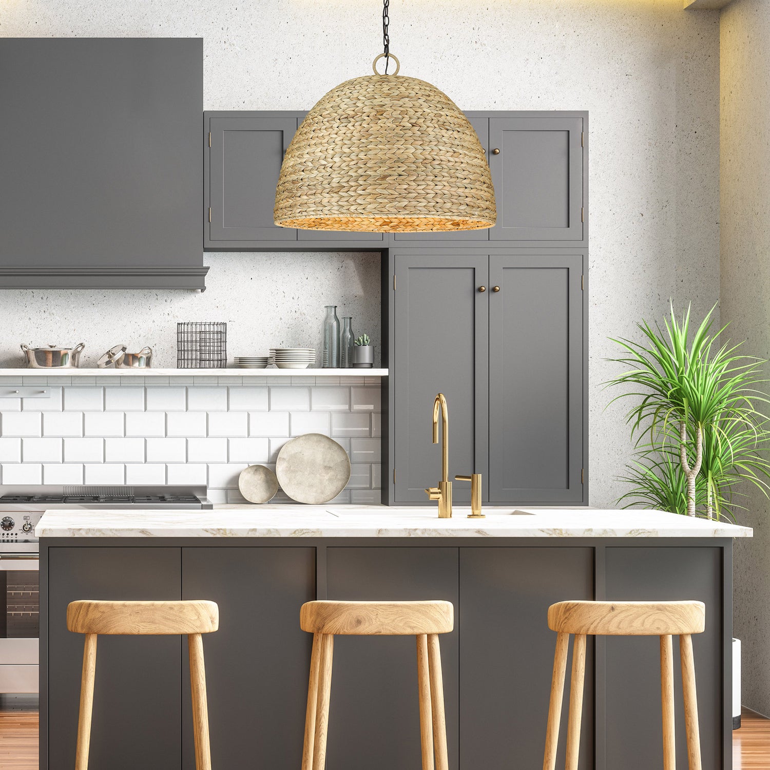 Rue 8 Light Pendant in Matte Black with Woven Sweet Grass Shade