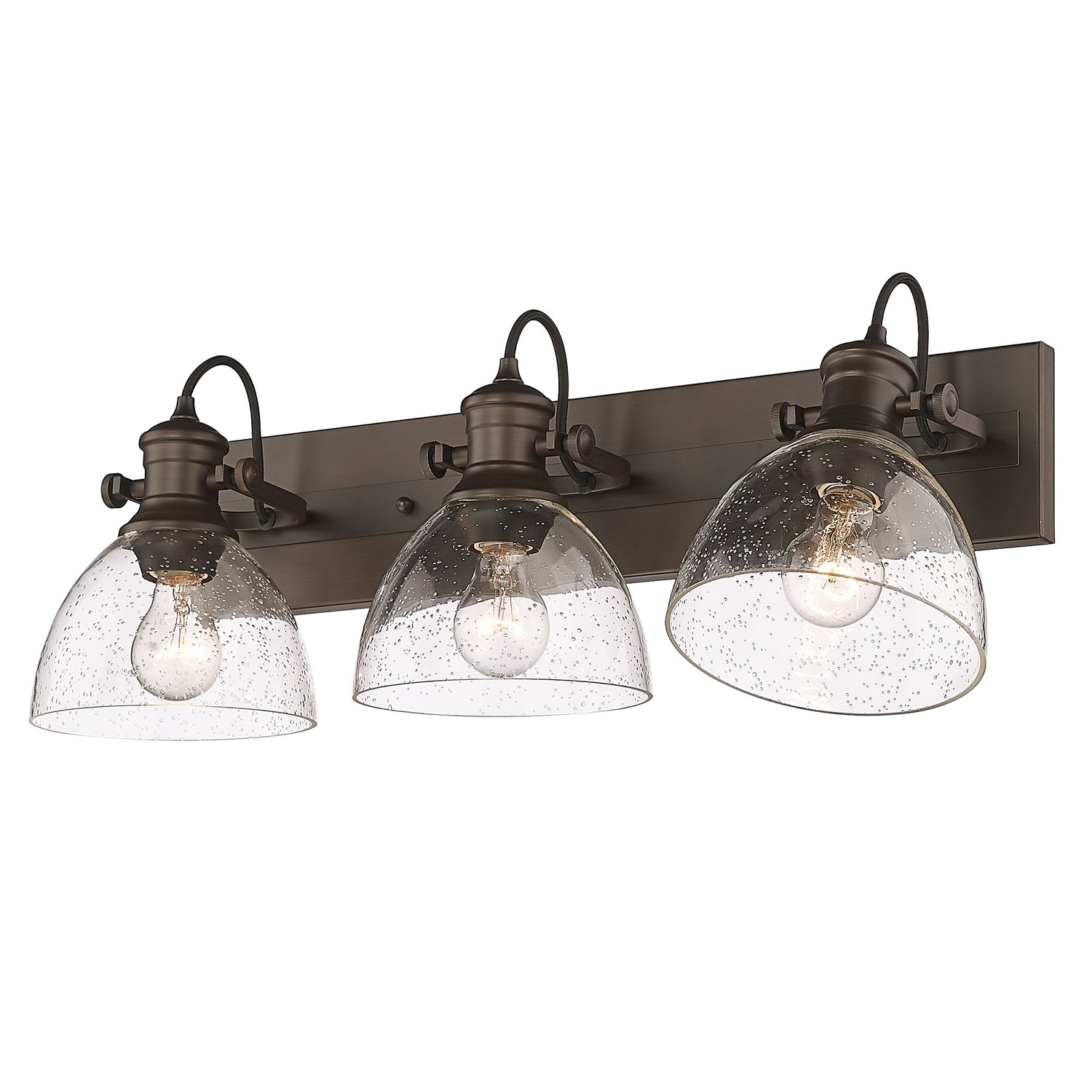 Hines 3-Light Bath Vanity in Rubbed Bronze with Seeded Glass