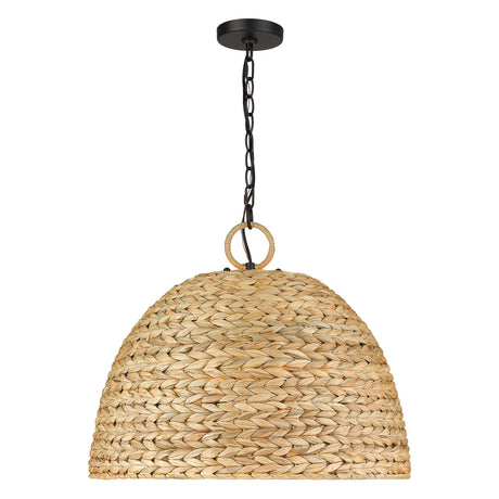 Rue 5 Light Pendant in Matte Black with Woven Sweet Grass Shade