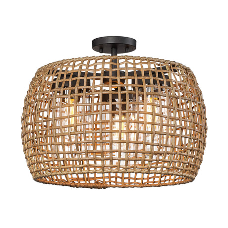 Piper 3 Light Semi-Flush - Outdoor in Natural Black with Maple All-Weather Wicker Shade