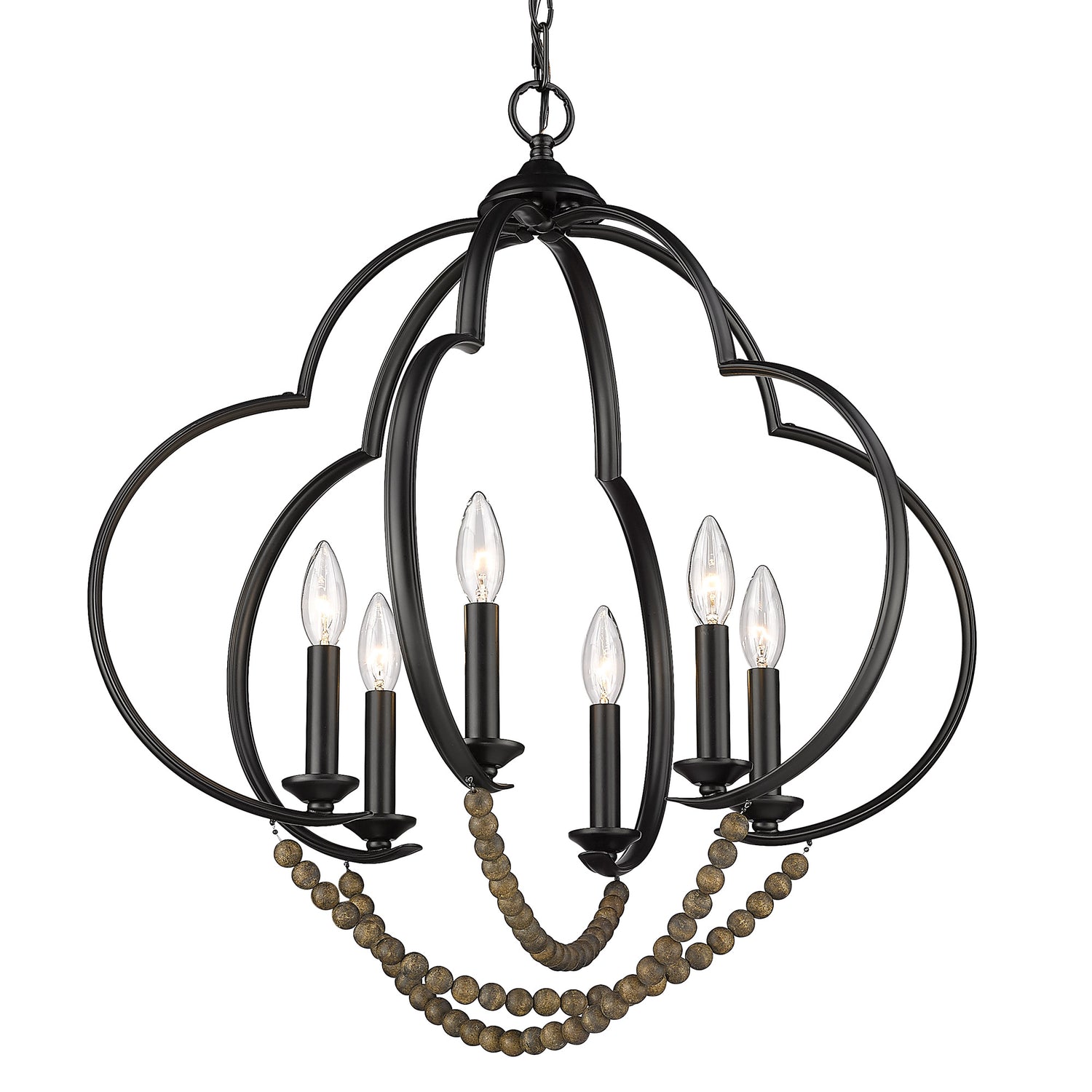 Flori 6 Light Pendant in Matte Black with Espresso Wood Beads