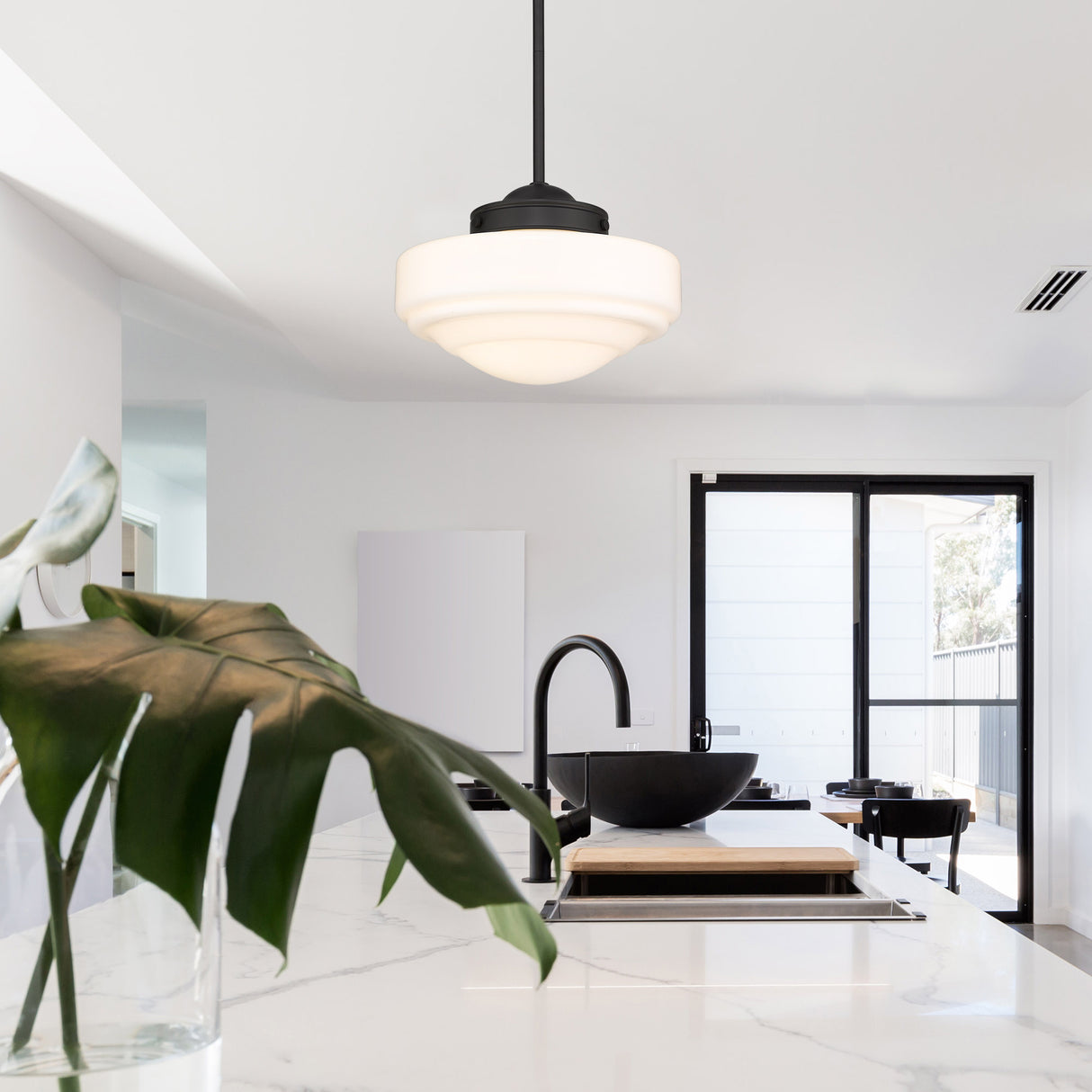 Ingalls Medium Pendant in Matte Black with Vintage Milk Glass Shade