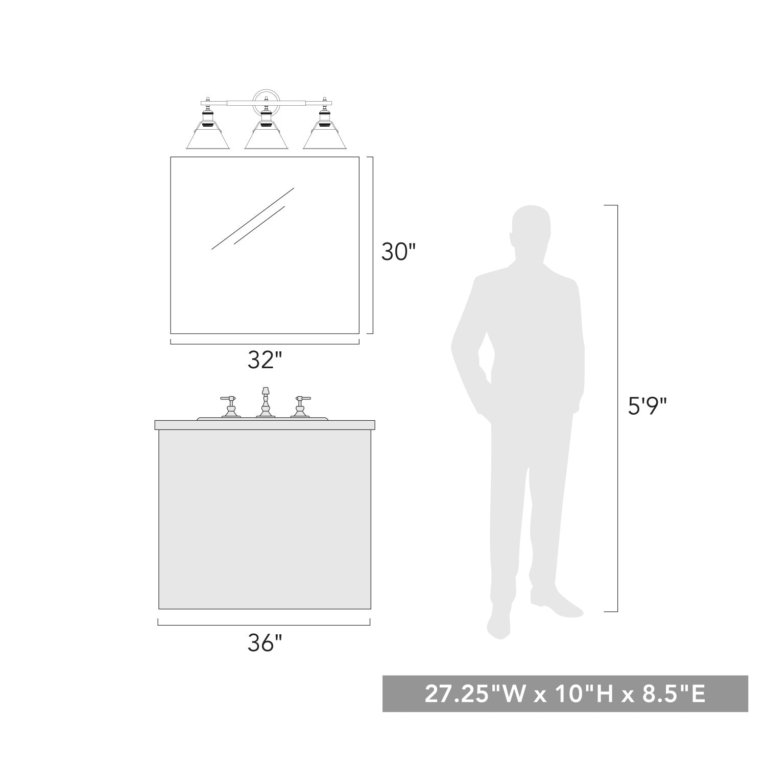 Orwell CH 3 Light Bath Vanity in Chrome with Matte Black Shade