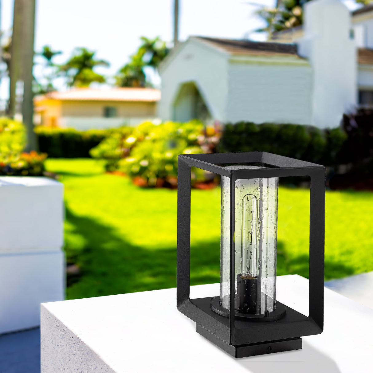 Smyth NB Pier Mount - Outdoor in Natural Black with Seeded Glass Shade
