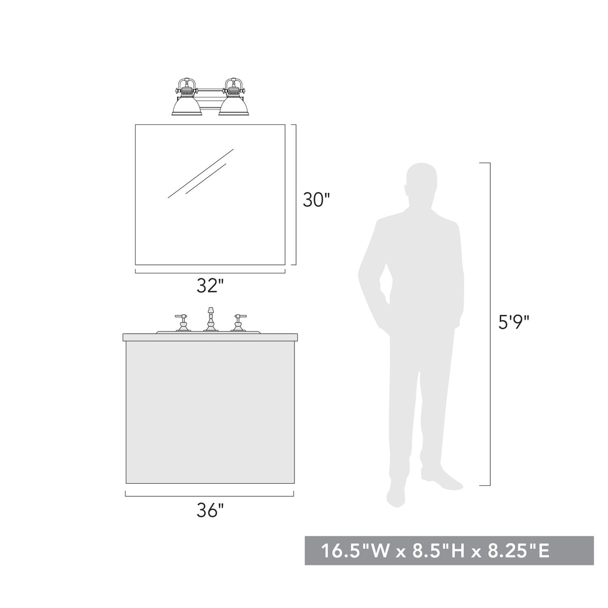 Duncan 2 Light Bath Vanity in Matte Black with Gray Shades