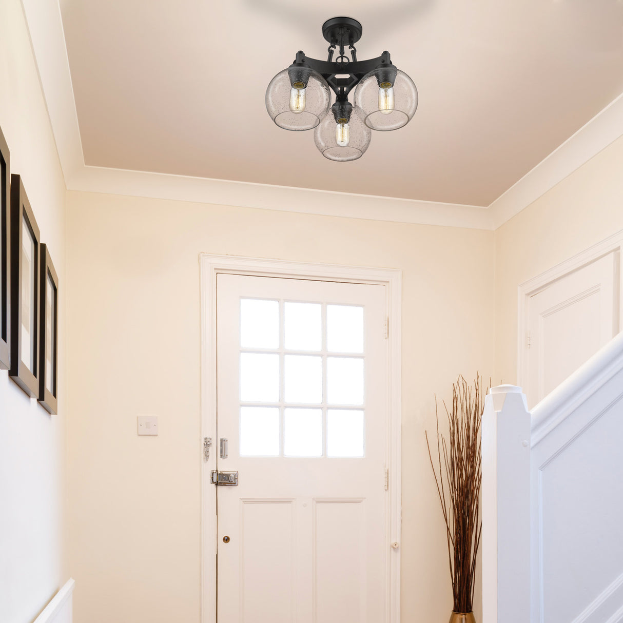 Galveston Semi-Flush in Rubbed Bronze with Seeded Glass