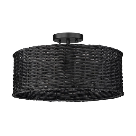 Erma 3 Light Semi-Flush in Matte Black with Black Wicker Shade