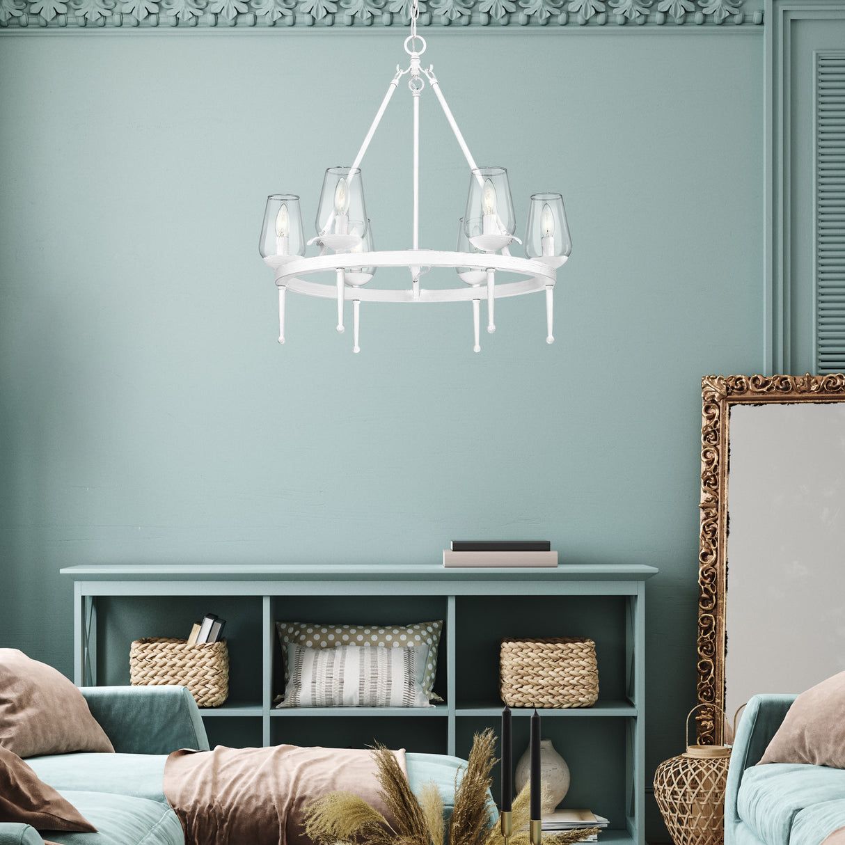 Regent 6 Light Chandelier in Textured White Plaster with Clear Glass Shade
