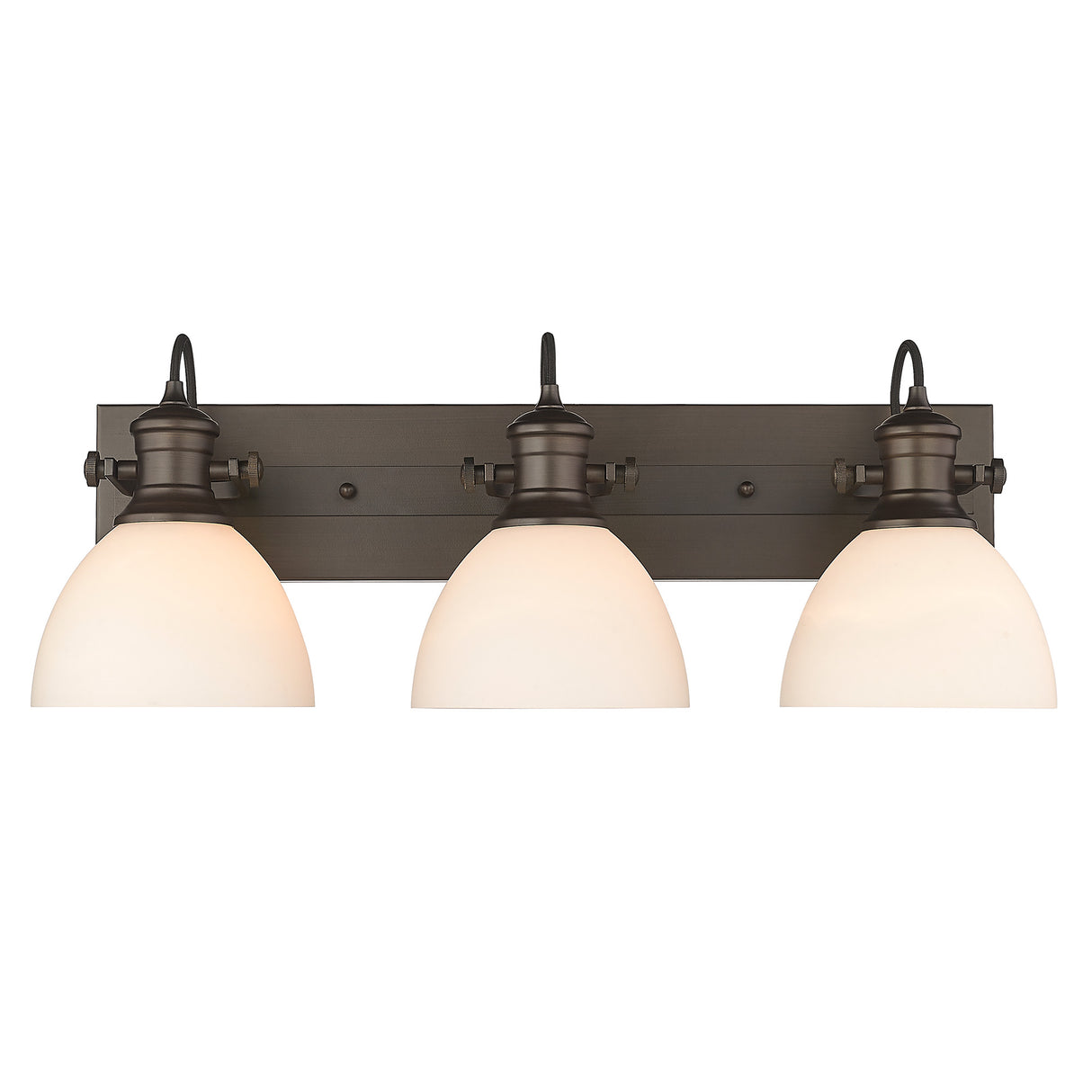 Hines 3-Light Bath Vanity in Rubbed Bronze with Opal Glass