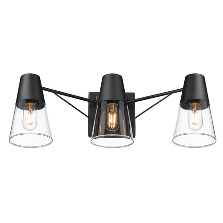 Ryker 3 Light Bath Vanity in Matte Black with Clear Glass Shade