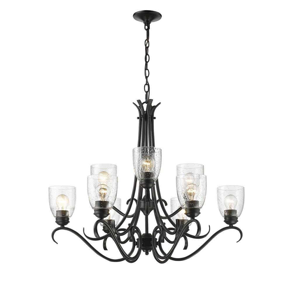 Parrish 9 Light Chandelier in Matte Black with Seeded Glass