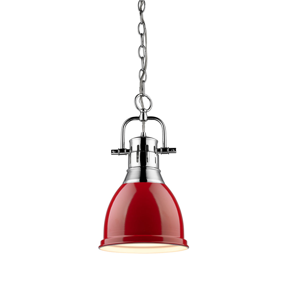 Duncan Small Pendant with Chain in Chrome with a Red Shade