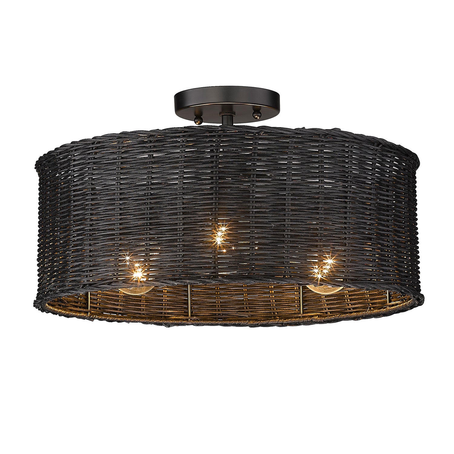 Erma 3 Light Semi-Flush in Matte Black with Black Wicker Shade