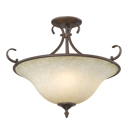 Homestead Semi-Flush in Rubbed Bronze with Tea Stone Glass</p>
