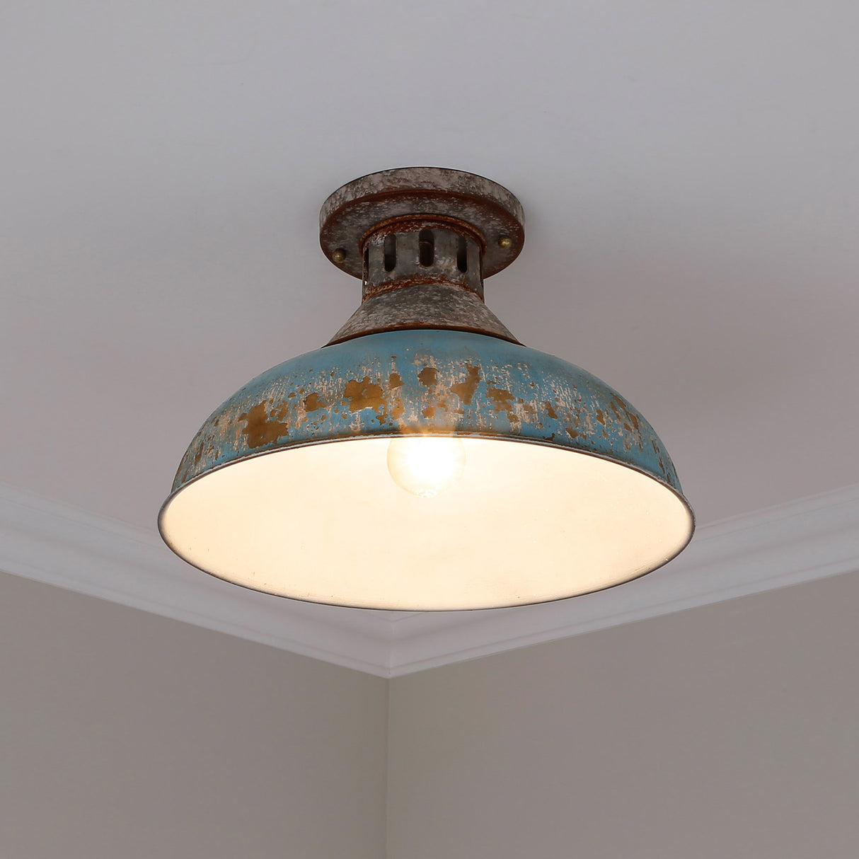 Kinsley Semi-Flush in Aged Galvanized Steel with Teal Shade