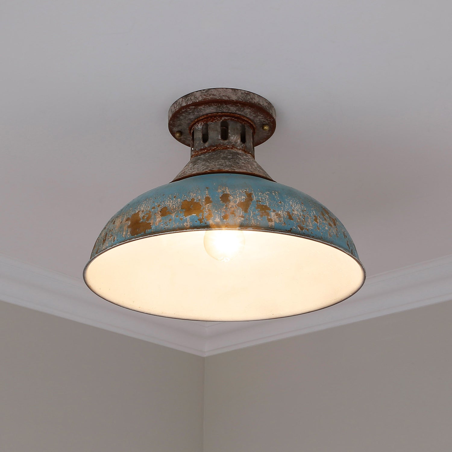 Kinsley Semi-Flush in Aged Galvanized Steel with Teal Shade
