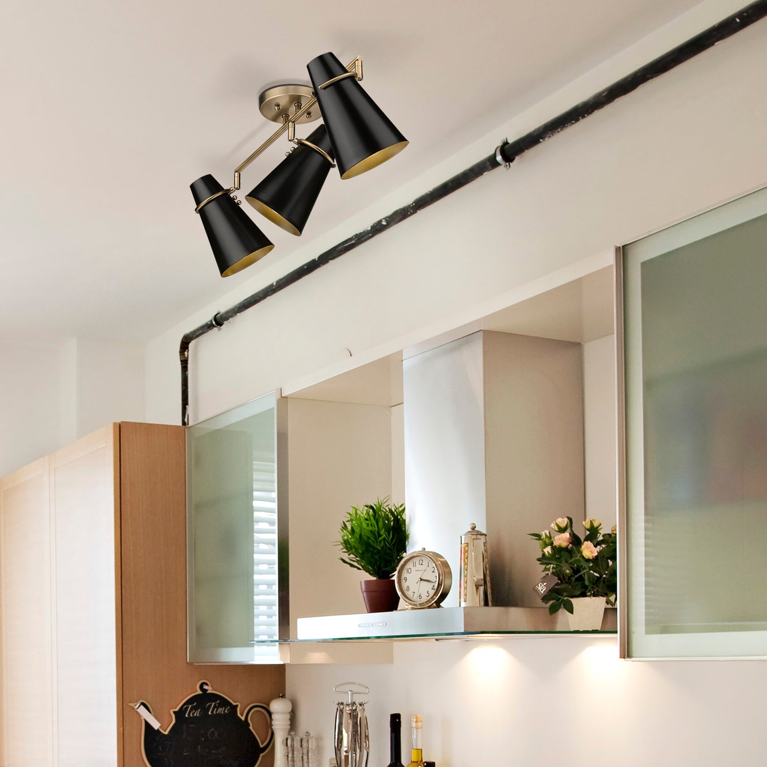 Reeva 3 Light Semi-Flush in Modern Brass with Matte Black Shade