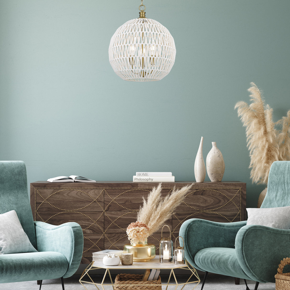 Florence 5-Light Pendant in Brushed Champagne Bronze and Bleached White Raphia Rope Shade