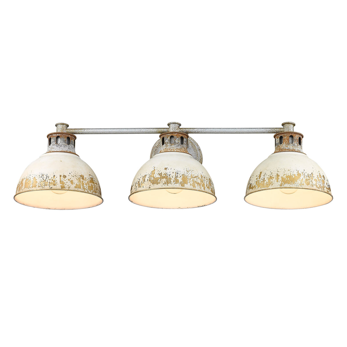 Kinsley 3 Light Bath Vanity in Aged Galvanized Steel with Antique Ivory Shade