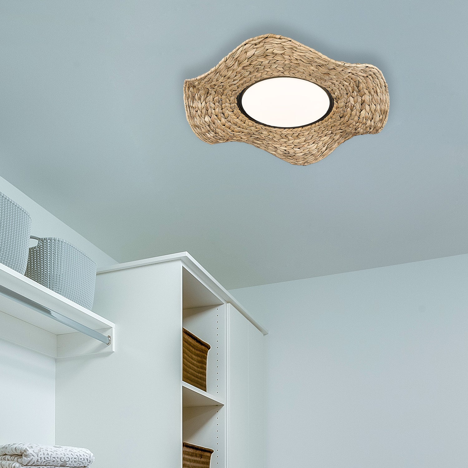 Macy Flush Mount - 21" in Matte Black with Woven Sweet Grass Shade