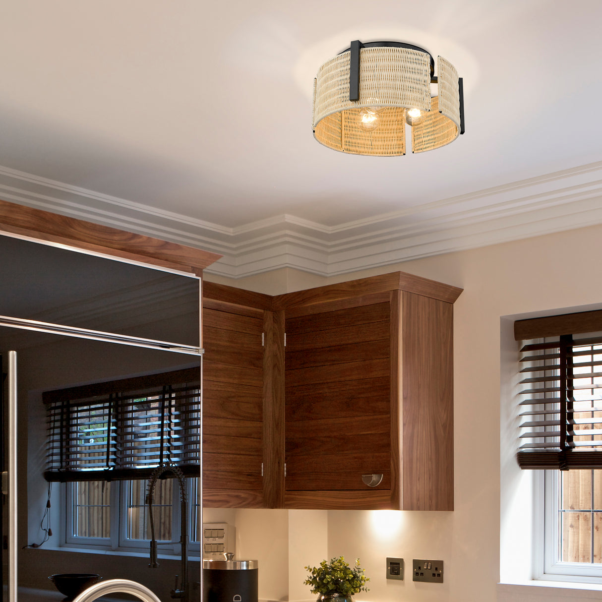 Grove 3 Light Flush Mount in Matte Black with Natural Wicker Shade
