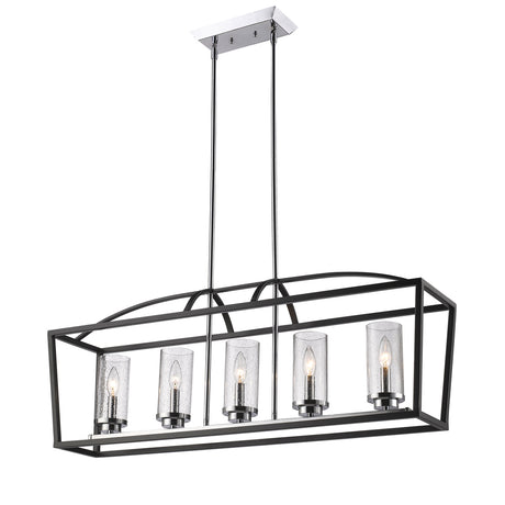 Mercer 5 Light Linear Pendant in Matte Black with Chrome accents and Seeded Glass