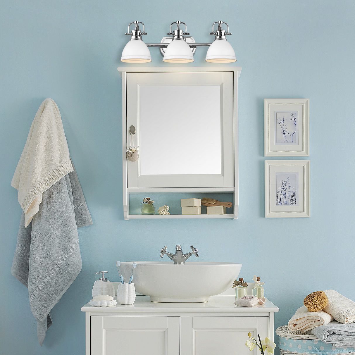 Duncan 3 Light Bath Vanity in Chrome with a Matte White Shade