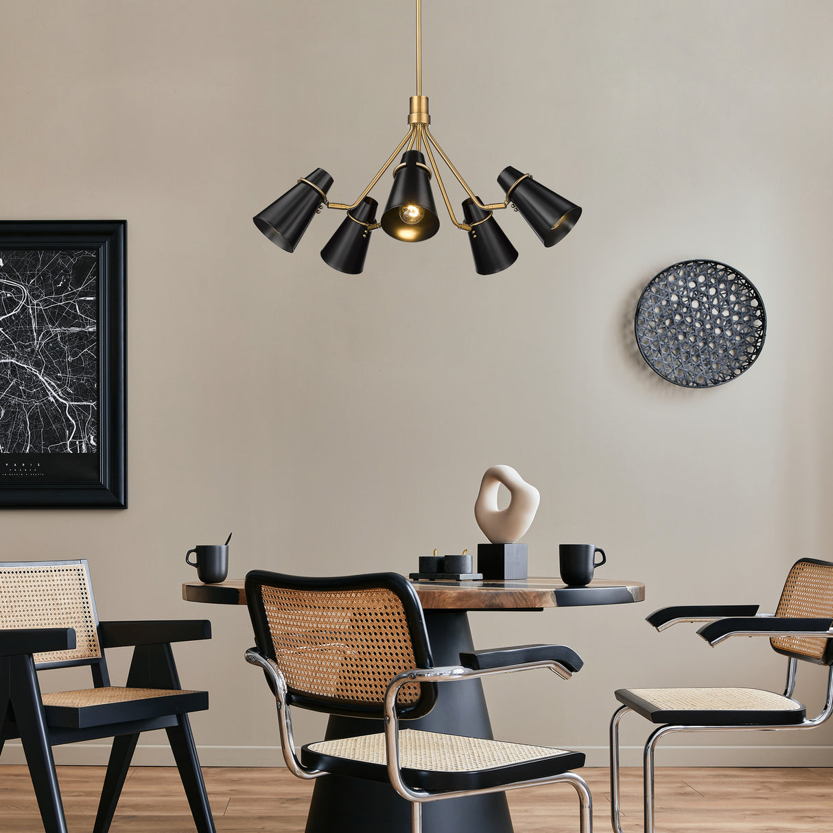 Reeva 5 Light Chandelier in Modern Brass with Matte Black Shade